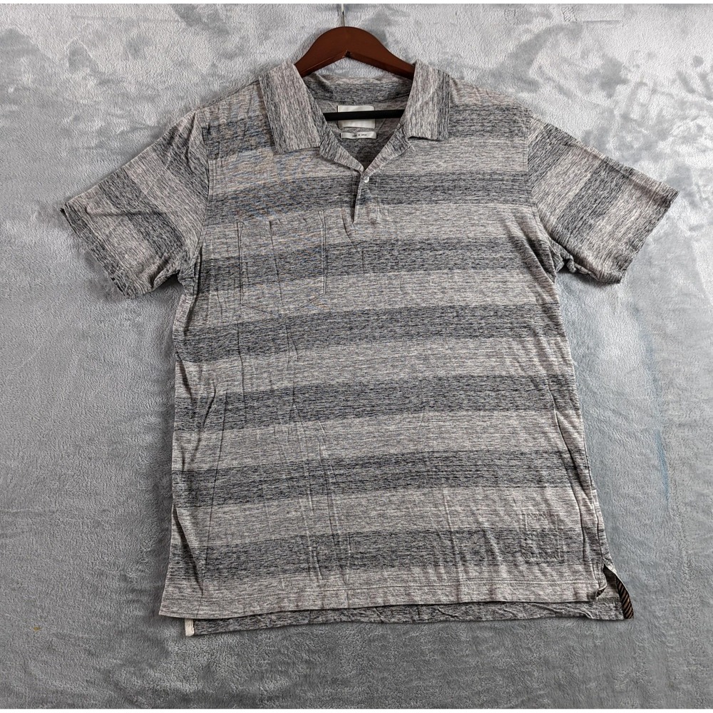 Billy Reid Polo Shirt Mens Large Gray Stripe Knit Pocket Collar Loop Japan Made